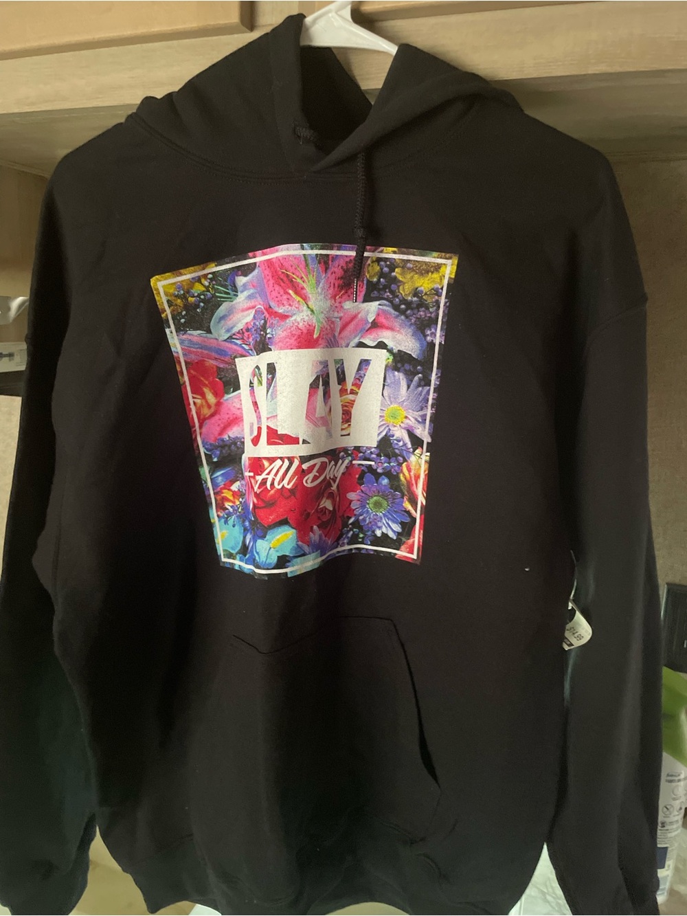 Black Hoodie with Colorful Floral Graphic - 'SLAY All Day'